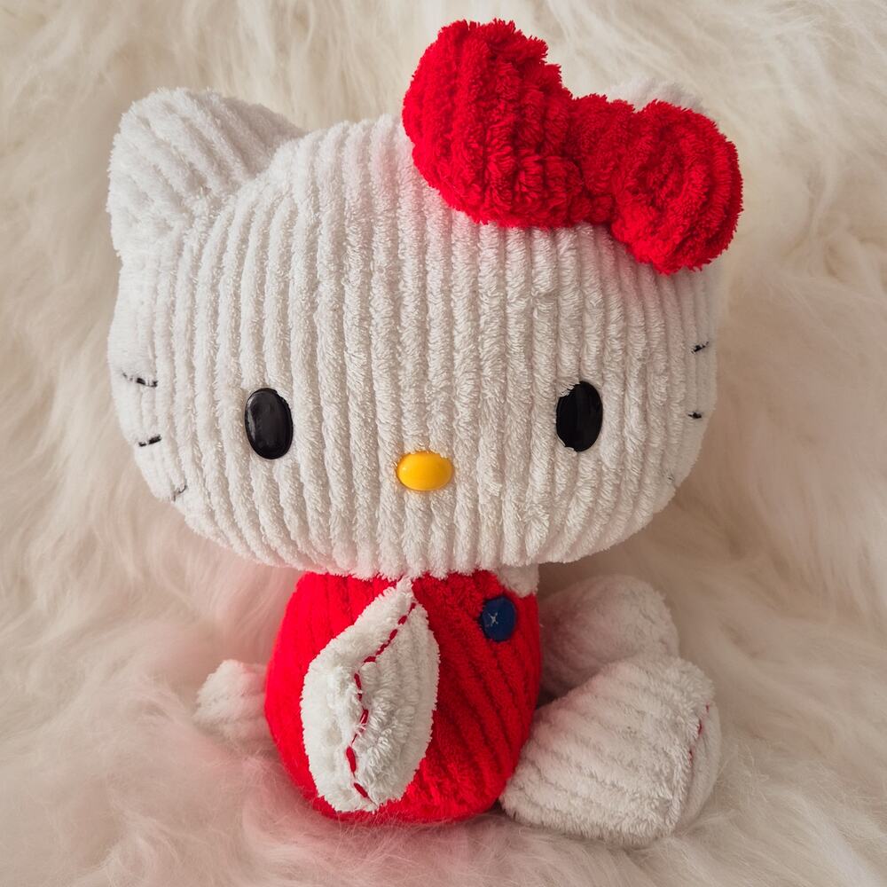 2010 Sanrio Hello Kitty Jakks Pacific Red Bow Corduroy Chenille Plush 10"